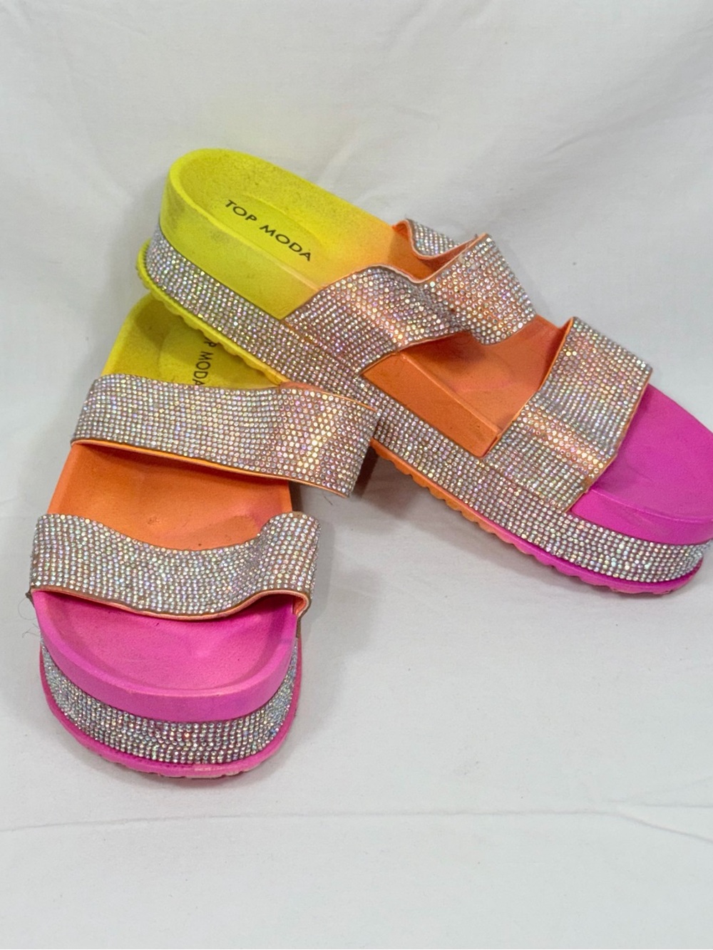 TOP Moda Rhinestone Platform Wedge Sandals Pink Orange Ombre Slide Heeled Slides